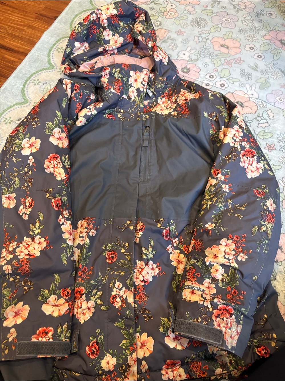 North Face Floral Hooded Winter Jacket - Navy with Pink & Cream Flowers